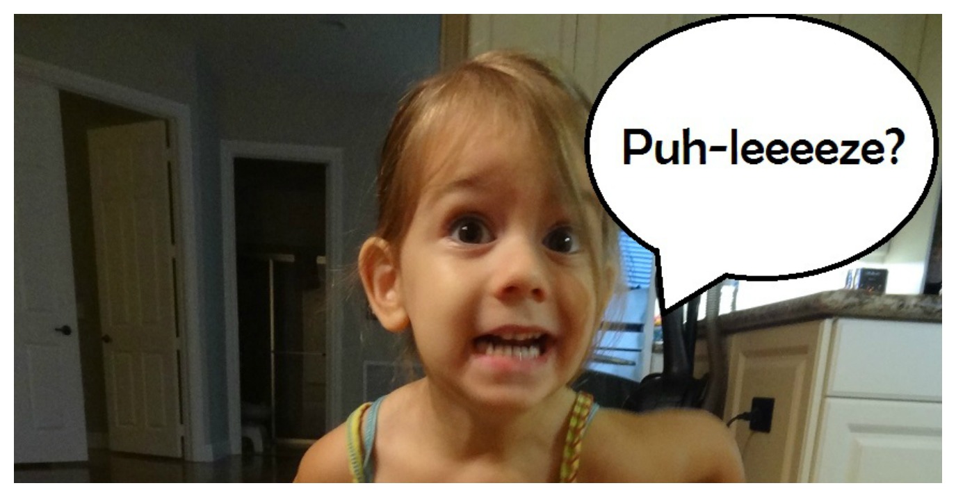 A young child making a pleading facial expression with a speech bubble saying "yes, puh-leeeze?