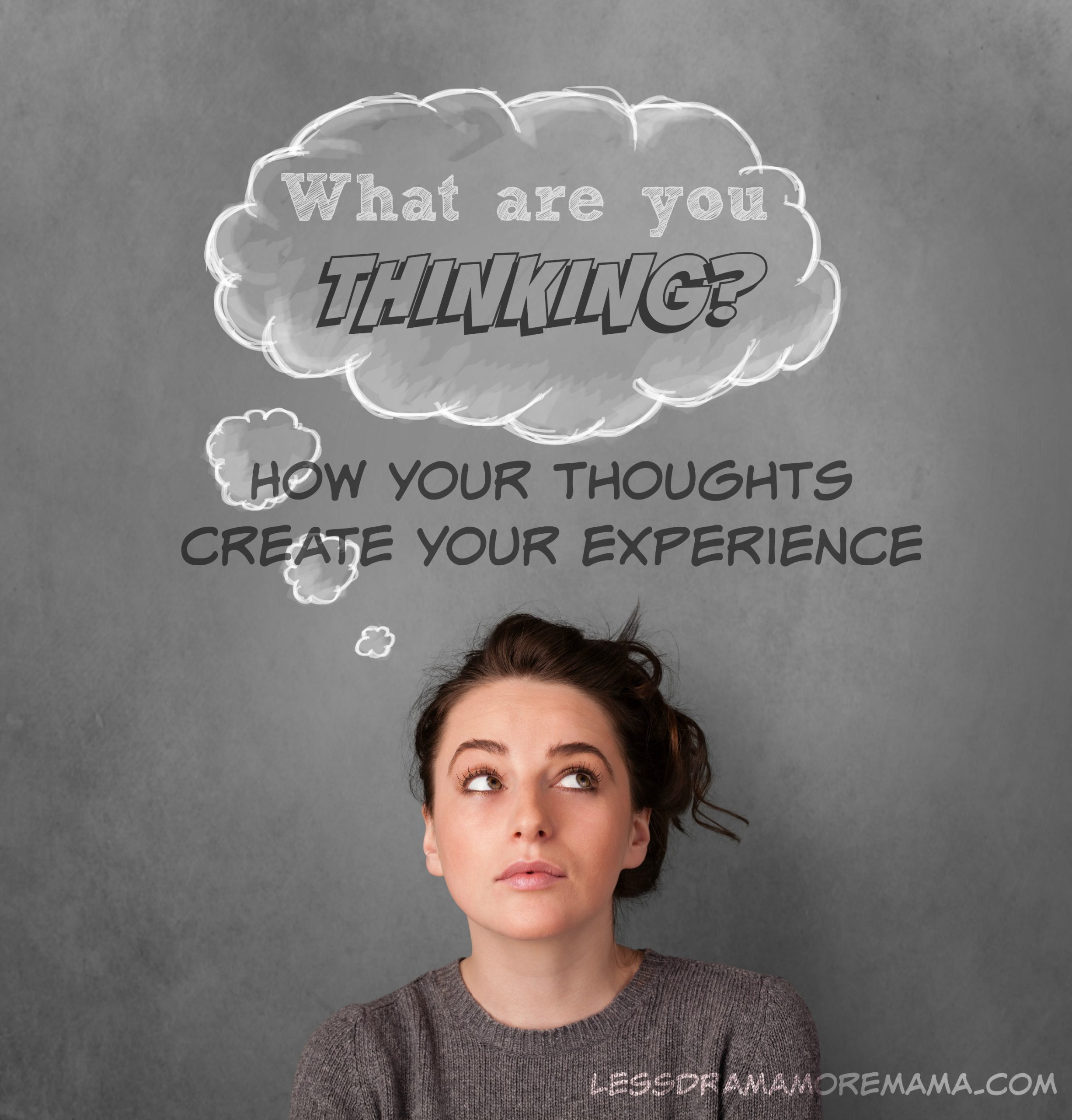 A woman looking upward, contemplating a thought bubble with the text "what are you thinking?" and "how your thoughts shape your experience".