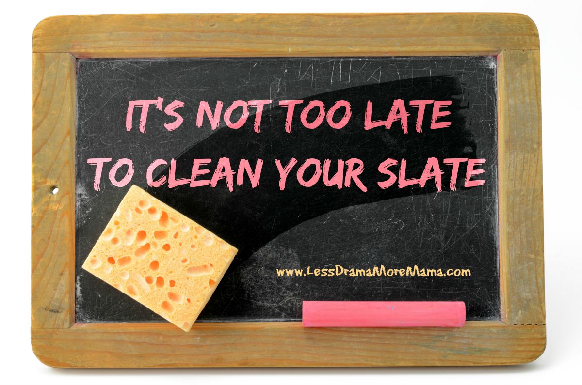 A chalkboard with the motivational phrase "clean your slate" written on it, accompanied by a sponge and a piece of chalk, and a website url at the bottom.